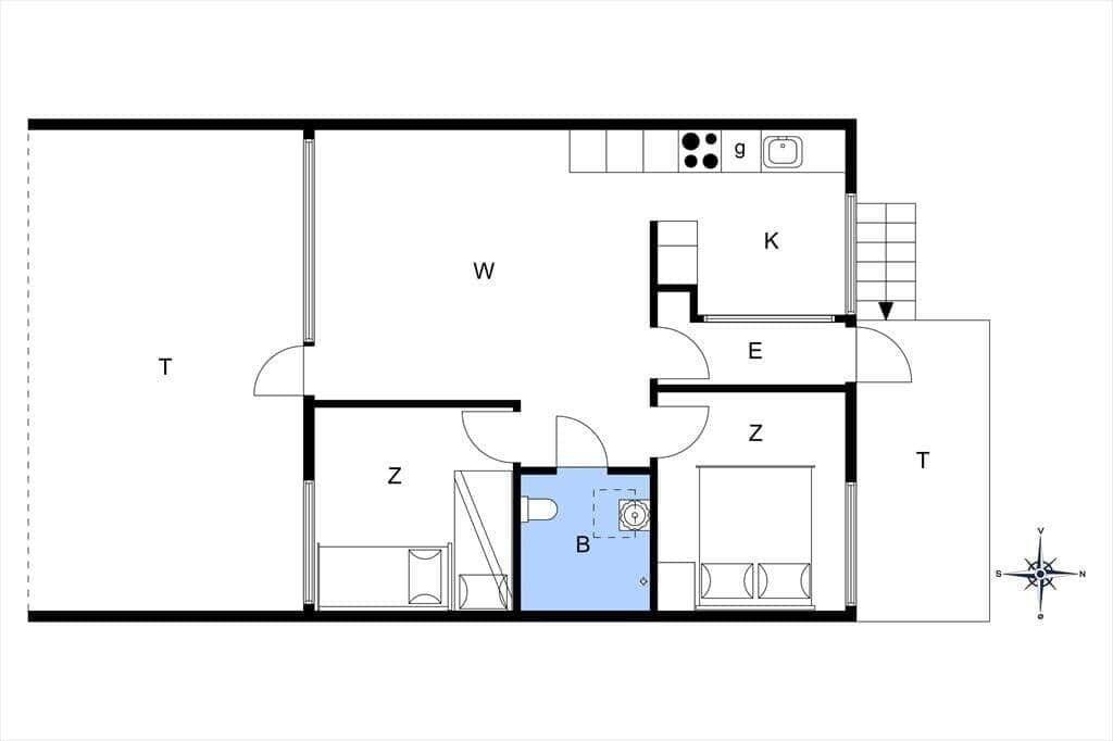 Apartment with kitchen, bathroom, bedroom, and living area. Staircase and separate rooms.