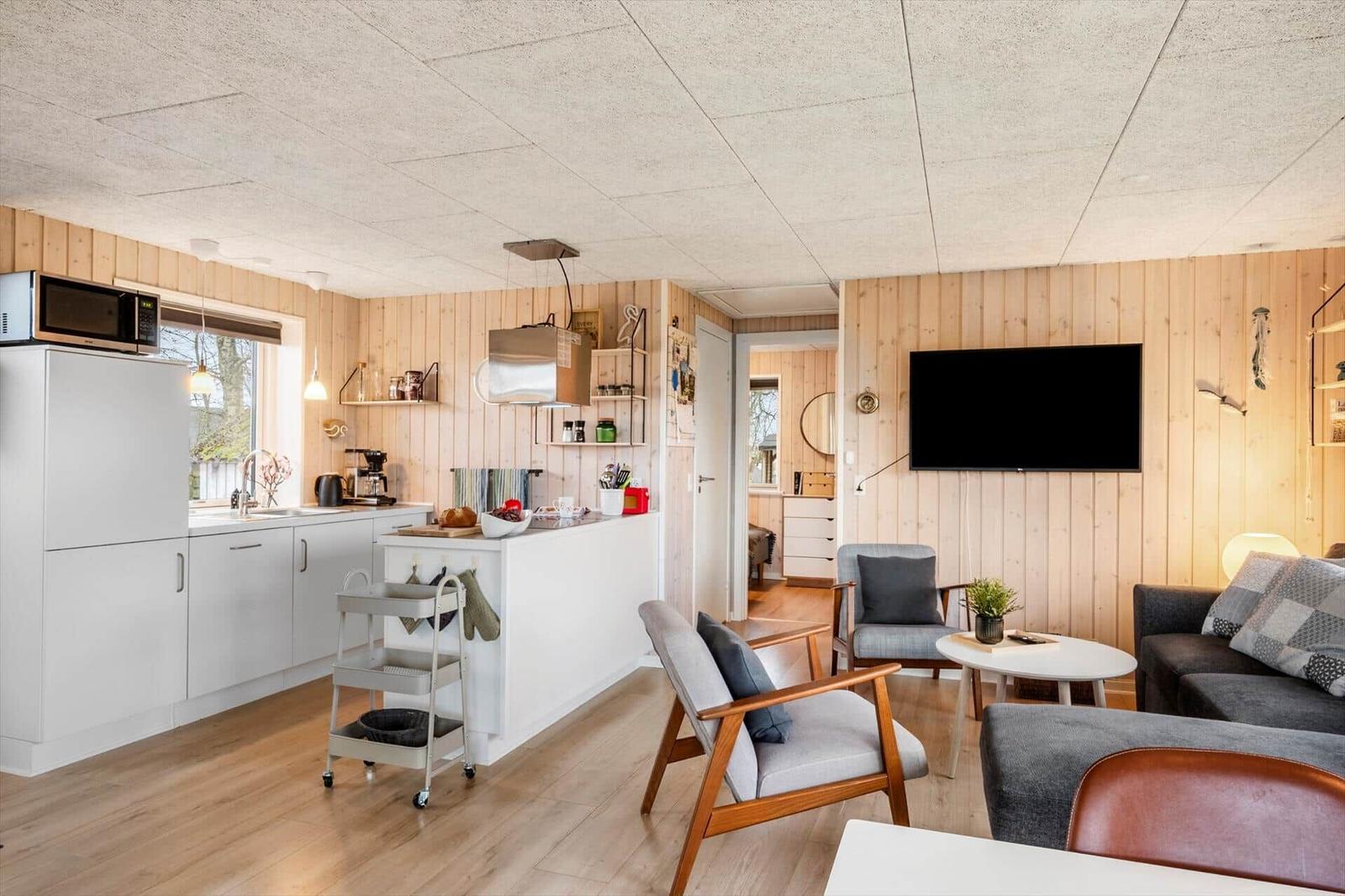 Living kitchen with wooden walls, TV, sofa, and sink.