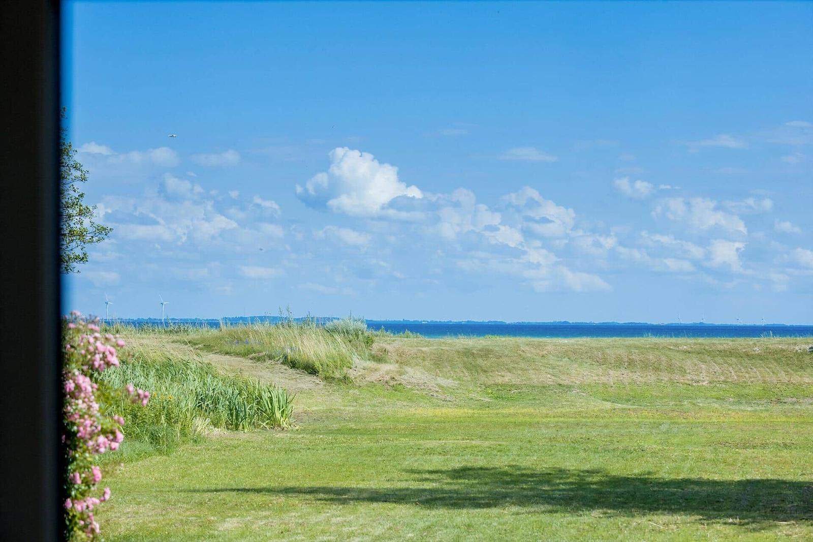 Weitläufiger Blick auf Grasland und Meer unter blauem Himmel mit weißen Wolken.