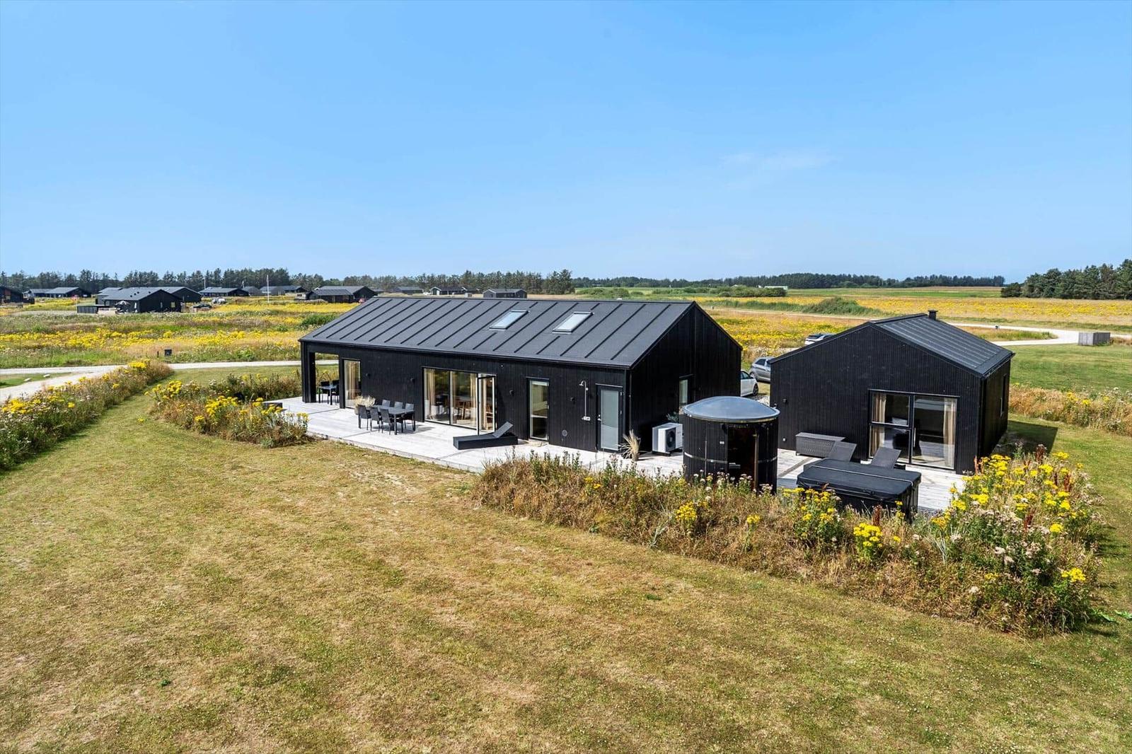 Zwei moderne schwarze Häuser mit Terrasse und Garten in ländlicher Umgebung.