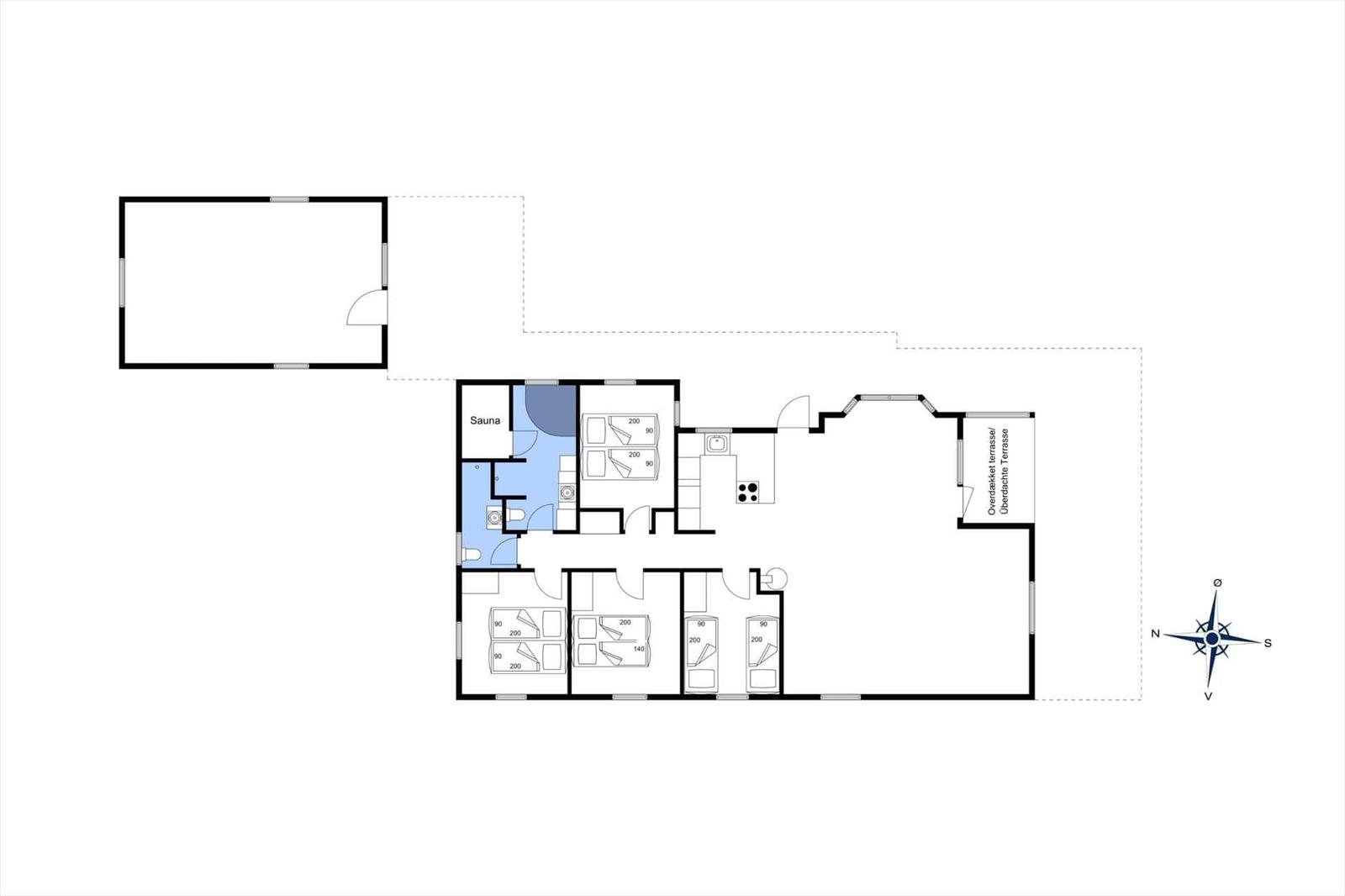 Apartment with sauna, kitchen, and covered terrace.