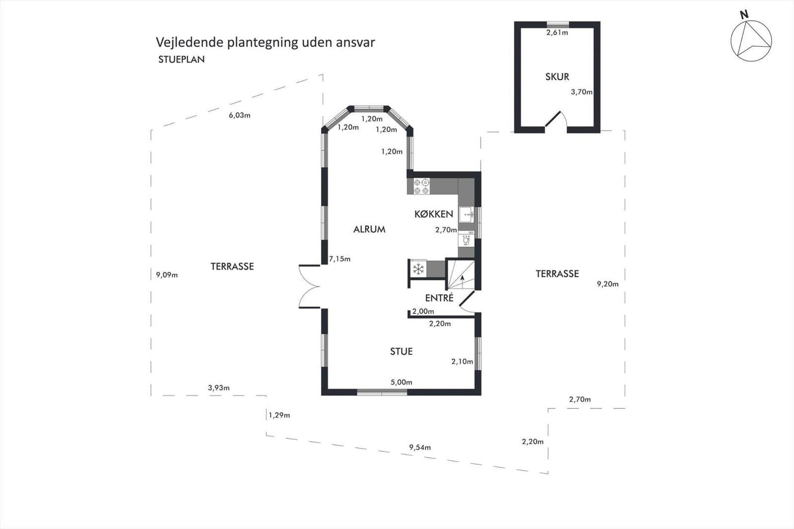 Functional floor plan with kitchen, living area, and terraces.