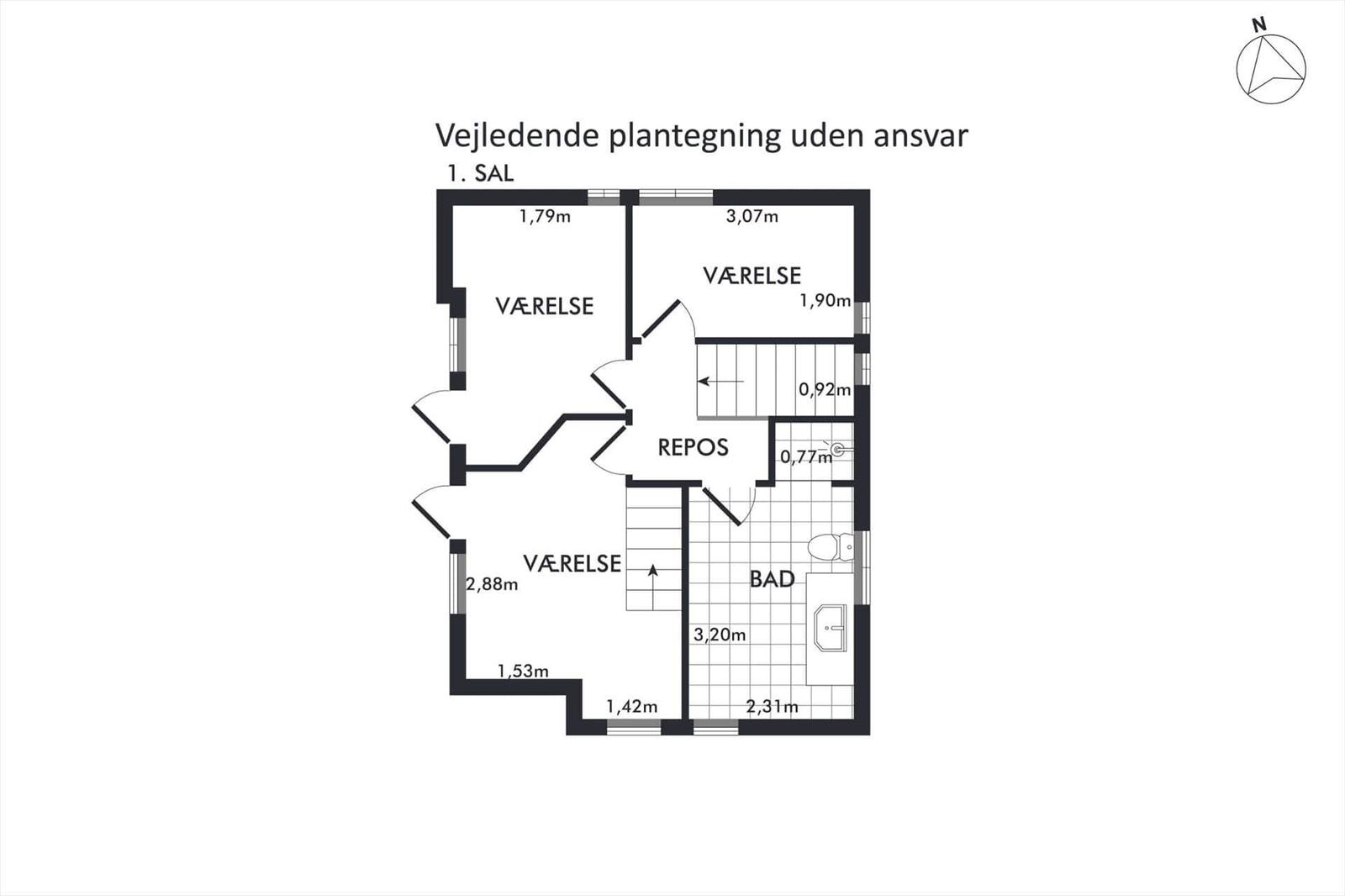 1st floor plan with three bedrooms, bathroom, and staircase.