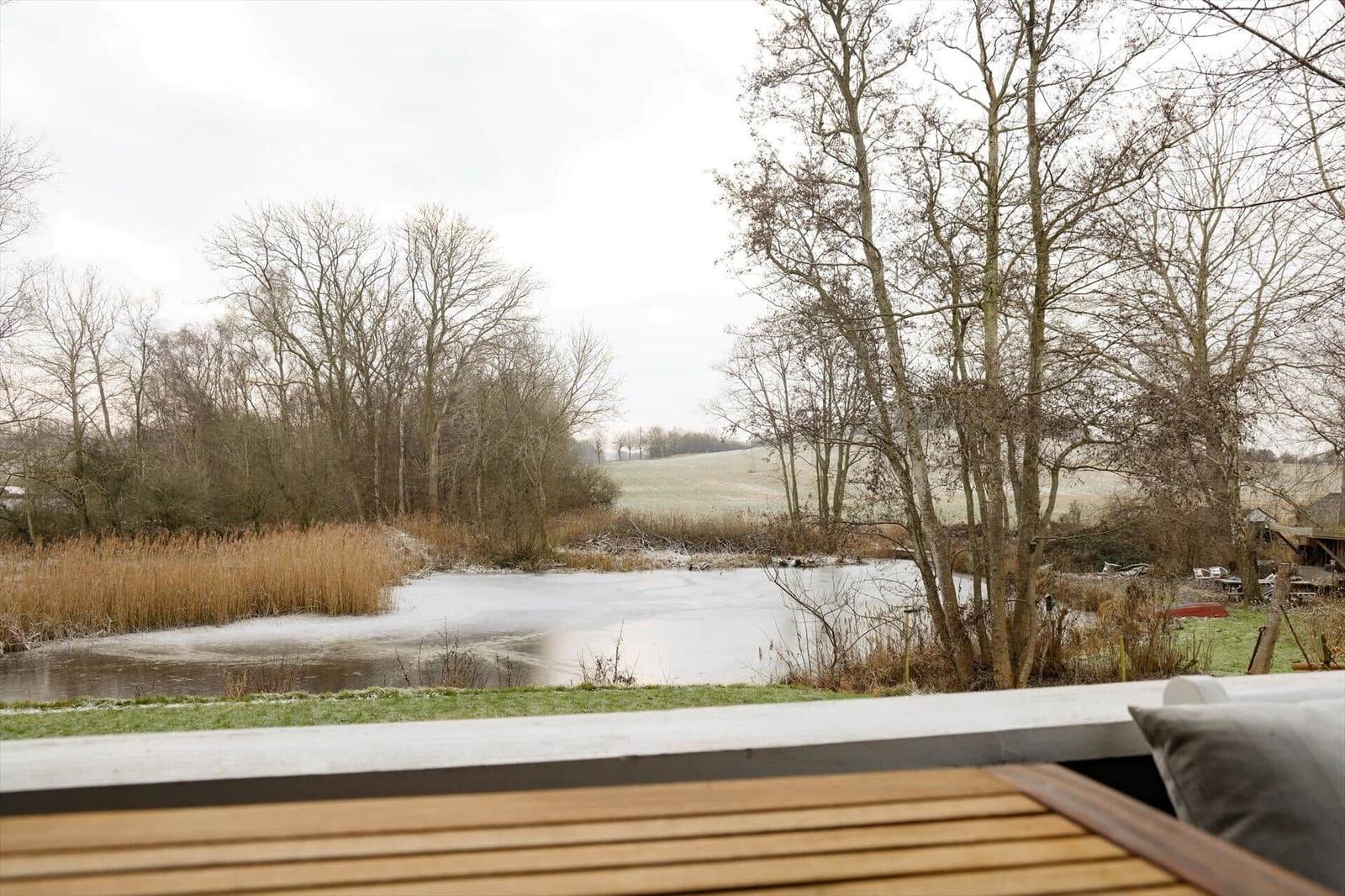 Blick auf einen gefrorenen See mit Bäumen und Grasland im Hintergrund.