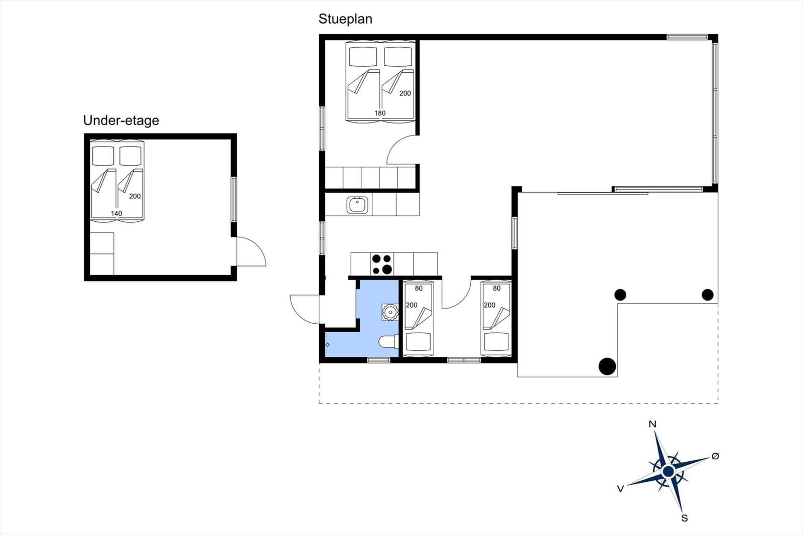 Stueplan zeigt Wohnfläche mit Küche, Bad und Schlafzimmer. Untergeschoss mit Schlafzimmer.