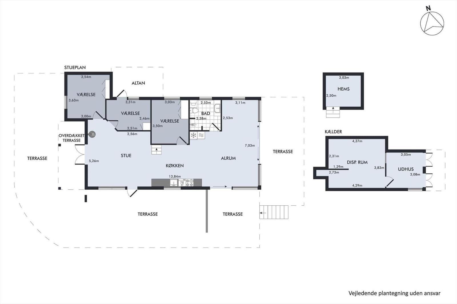 Übersicht über die Wohnfläche mit Schlafzimmer, Küche und Bad.