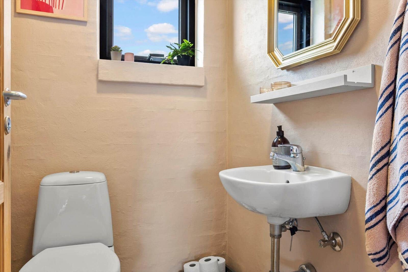 Badezimmer mit Toilette, Waschbecken und Fenster mit Pflanzen.
