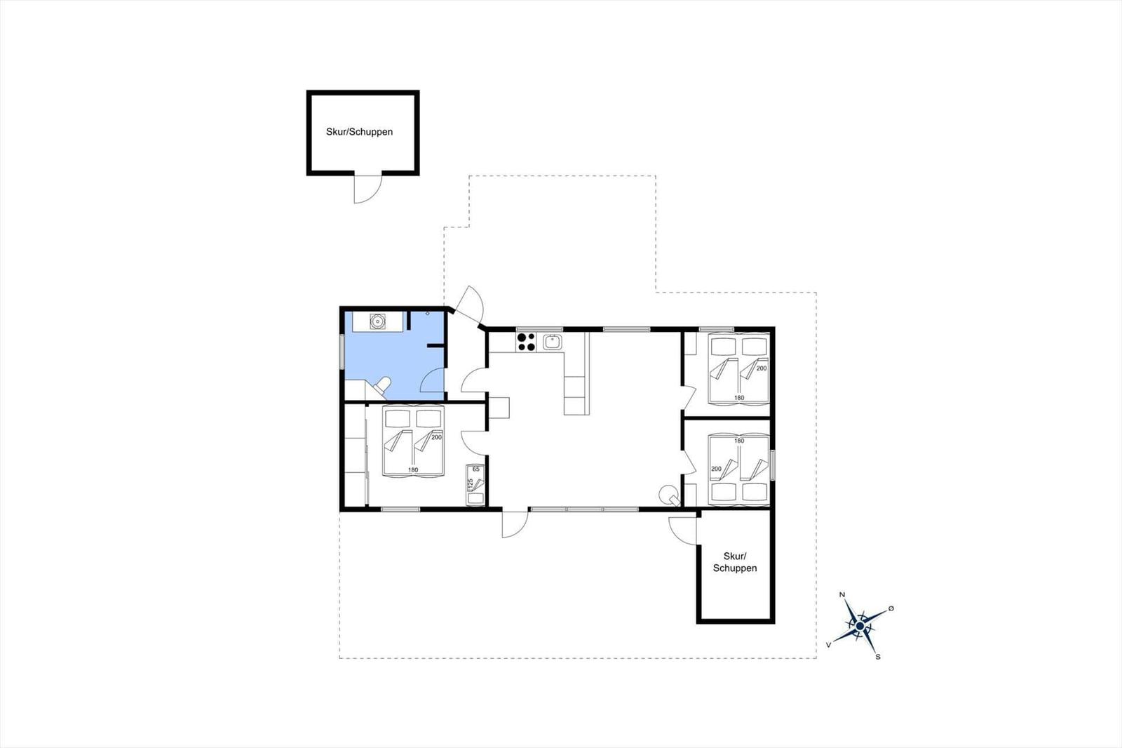 Wohnung mit drei Schlafzimmern, Küche und zwei Schuppen