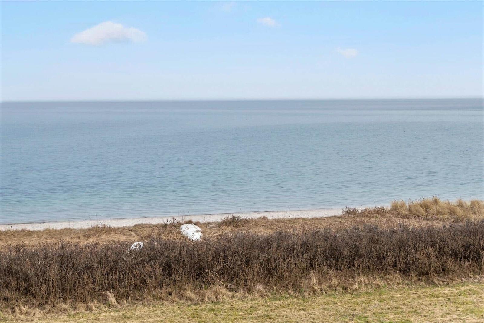 Meerfront mit Strand und trockener Vegetation im Vordergrund.