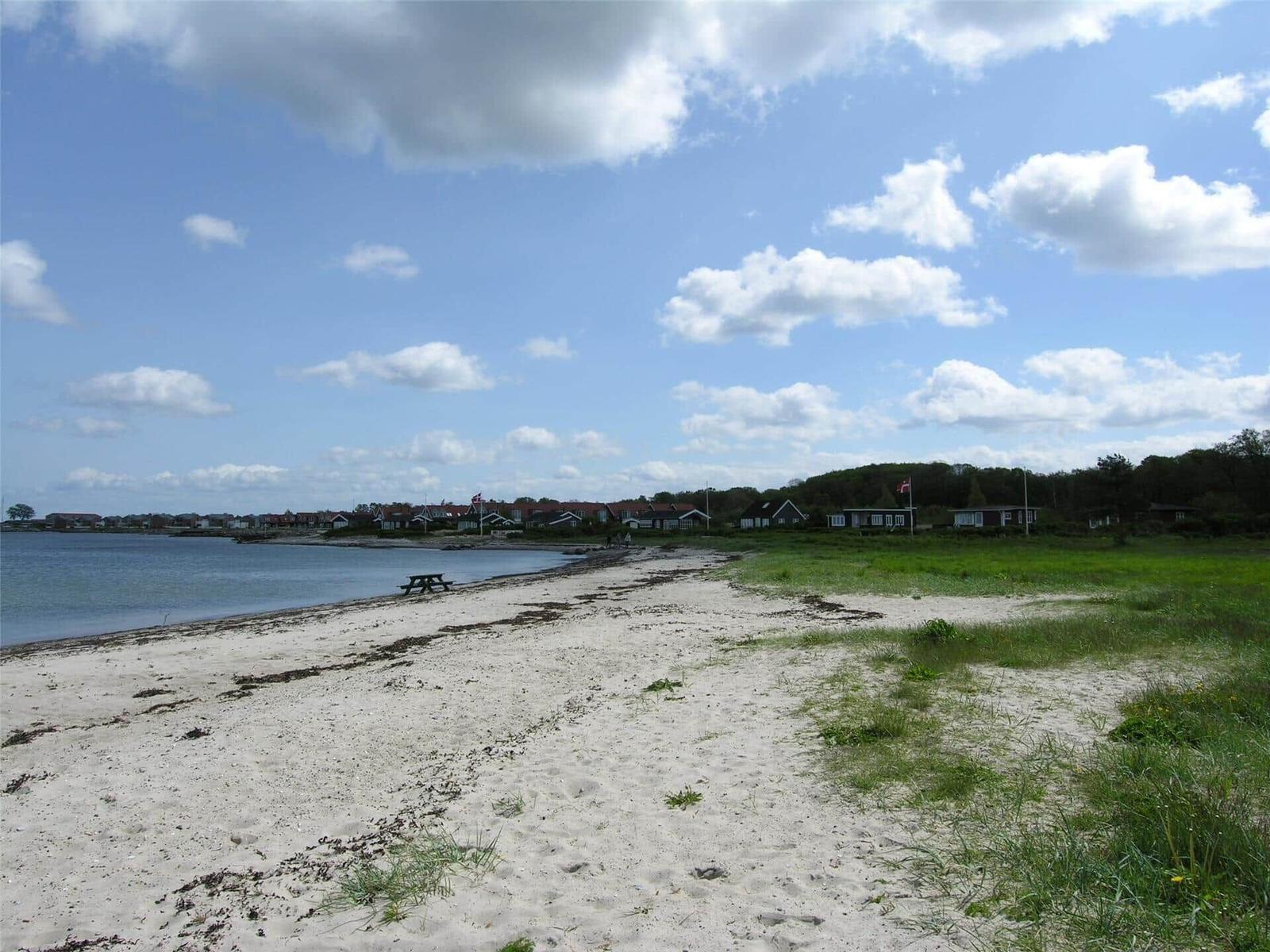 Strand mit Sand, Gras und Häusern am Wasser unter blauem Himmel mit Wolken.