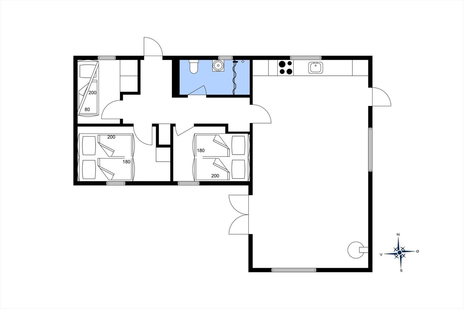 Apartment with two bedrooms, kitchen, and bathroom. Hallway with doors to all rooms.