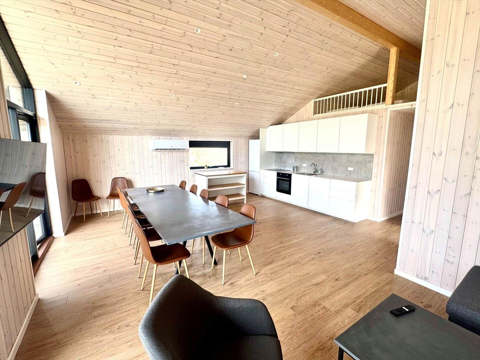 Large open space with dining area, kitchen, and wooden ceiling. Loft bed in the background.