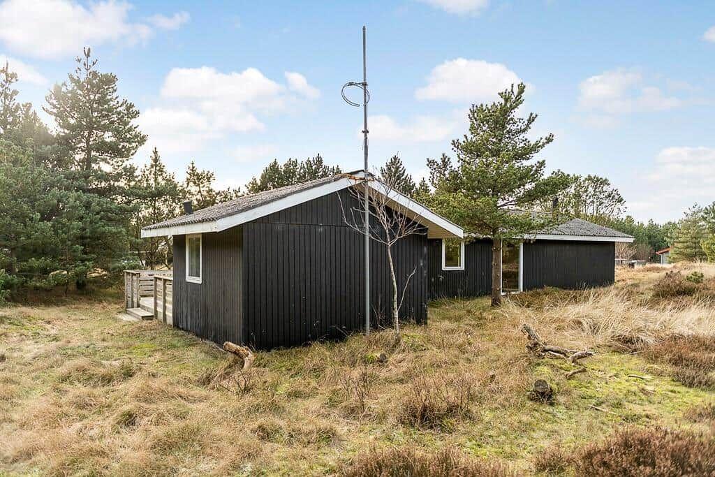 Schwarze Holzhütte mit Antenne und kleinen Nebengebäude in Waldnähe.