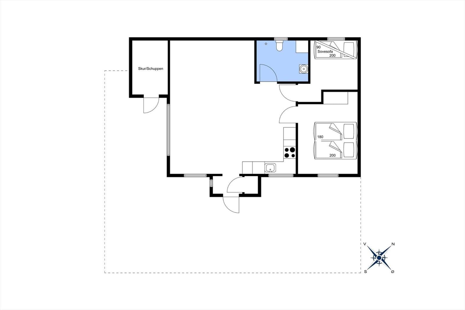 Wohnung mit Küche, Bad, Schlafzimmer und kleinem Schuppen.