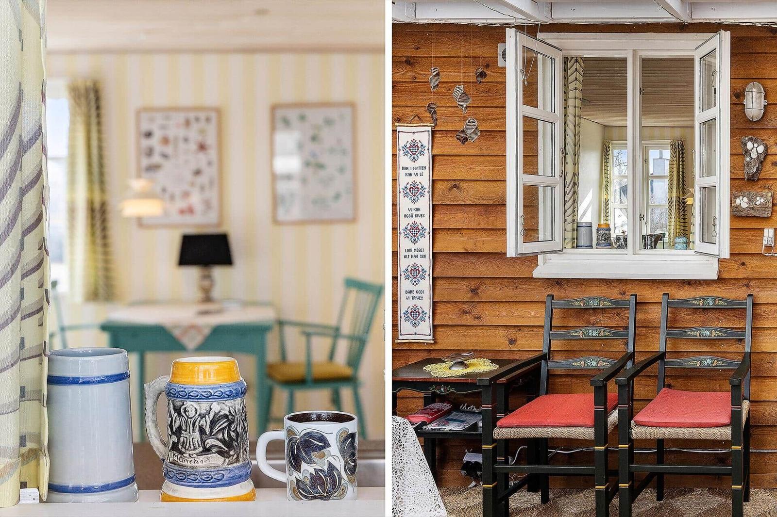 Ein Raum mit Tisch, Stühlen und Wandbildern. Außen: Holzwand, Fenster und zwei Stühle mit roten Sitzkissen.