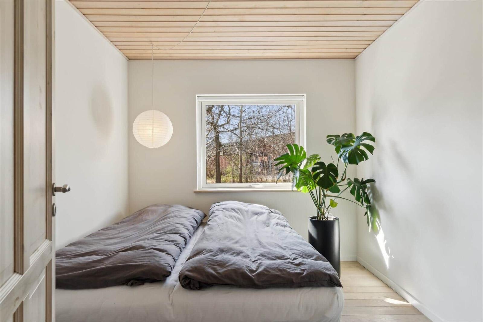 Schlafzimmer mit Bett, Pflanze und Fenster. Holzdecke und helle Wände.