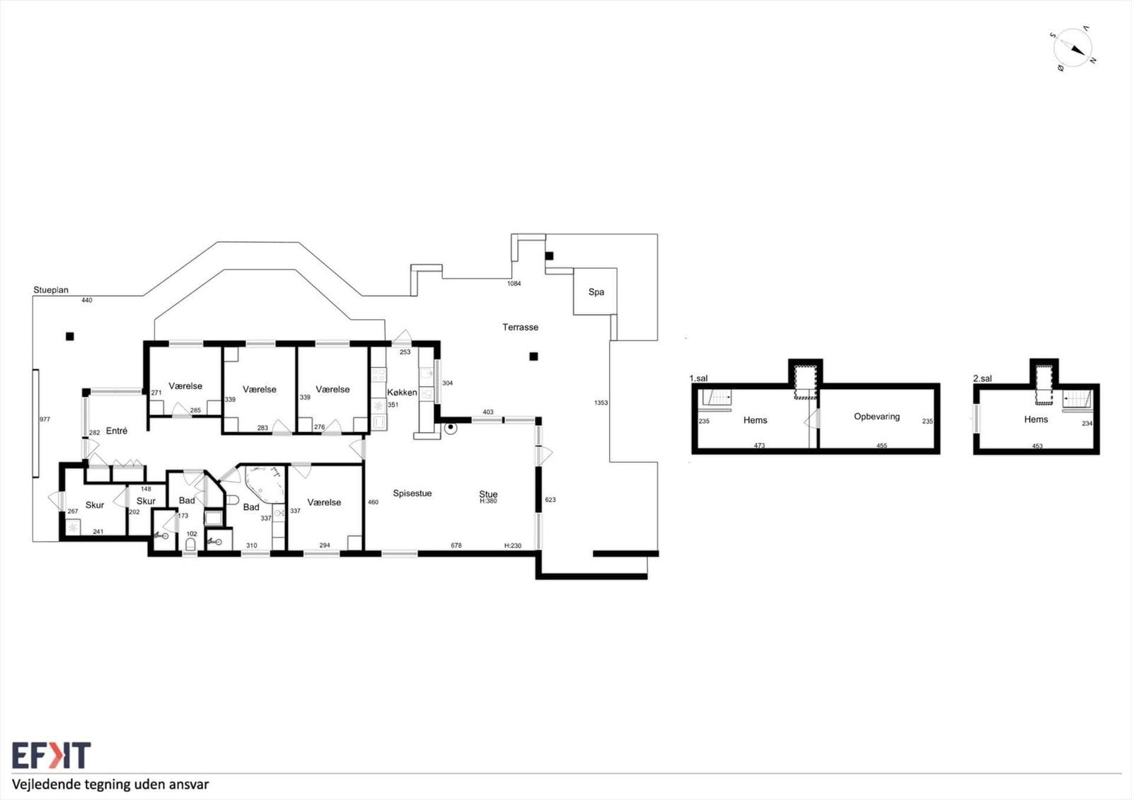 Pläne zeigen Wohnbereich, Küche, Badezimmer und Terrasse mit Maßen.