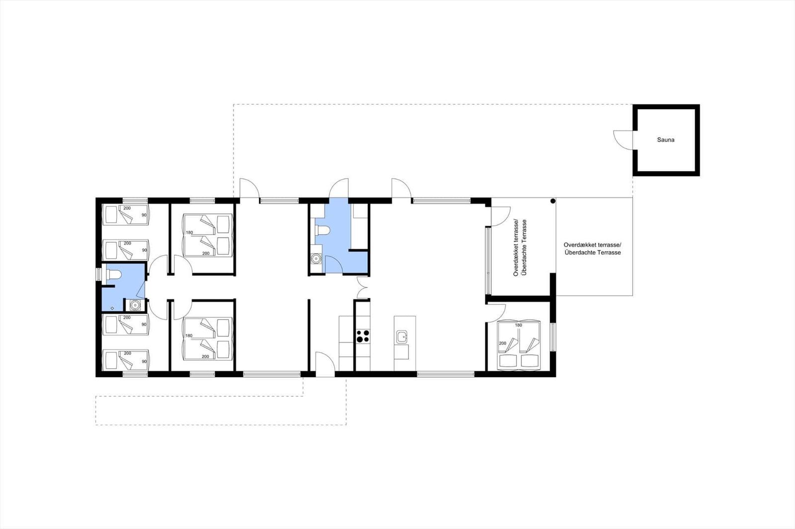 Floor plan with bedrooms, kitchen, bathroom, and sauna.