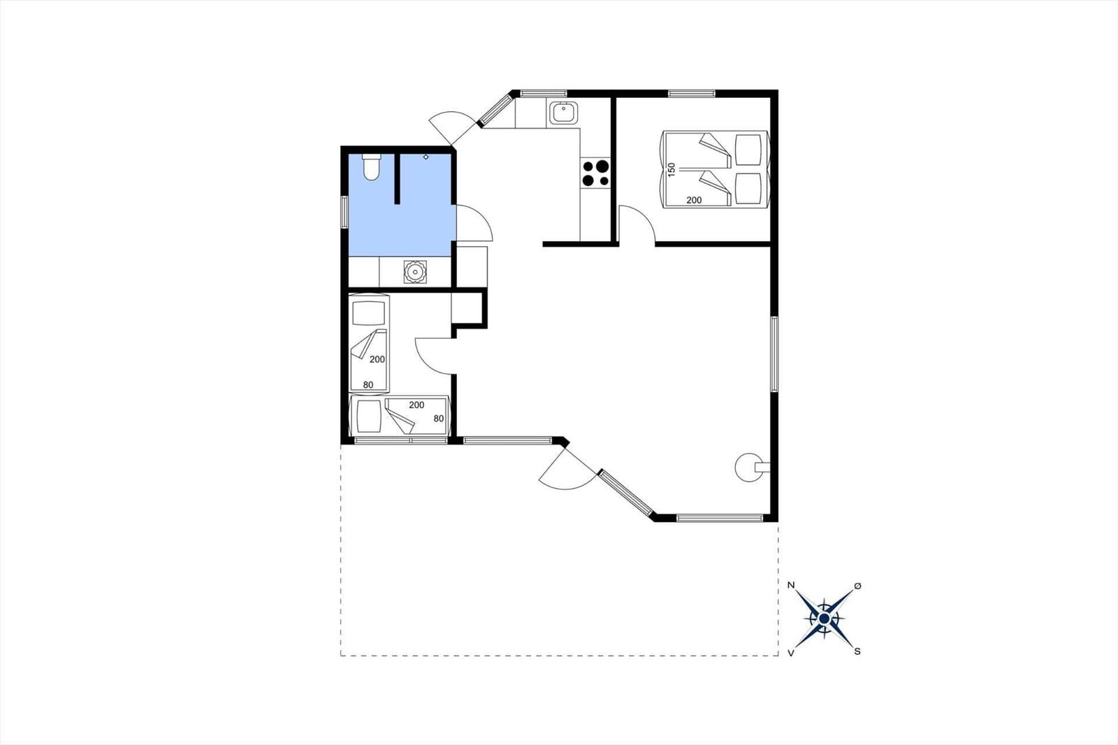 Apartment with kitchen, bathroom, and two bedrooms. Hall leads to all rooms.