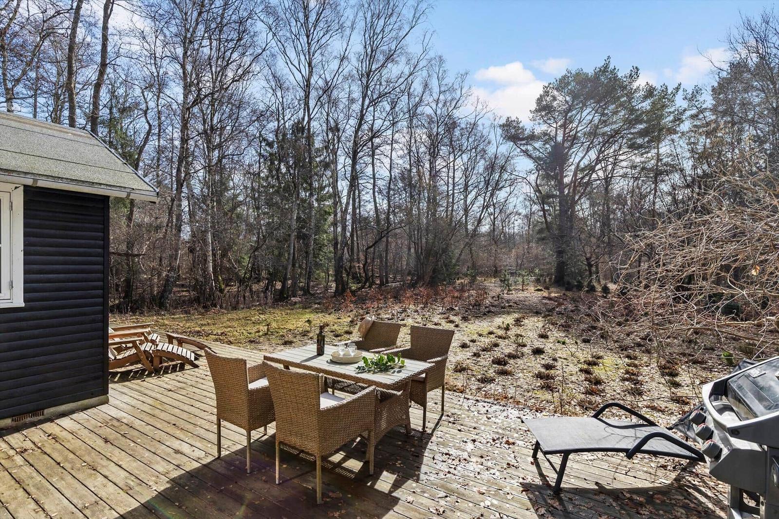 Deck with table, chairs, and grill. Background: forest with trees.