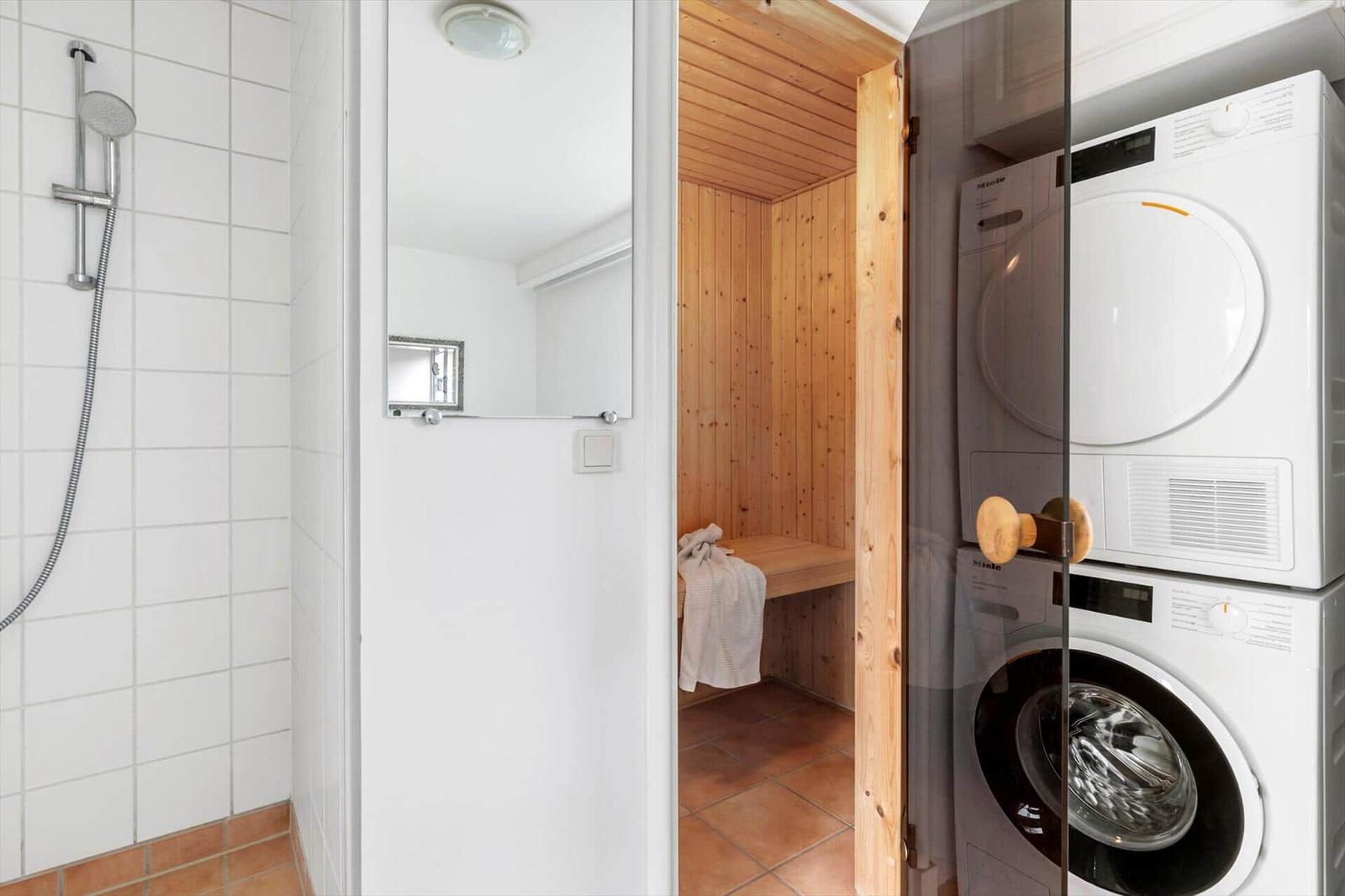 Bath with shower, sauna, and washing machine dryer combination.