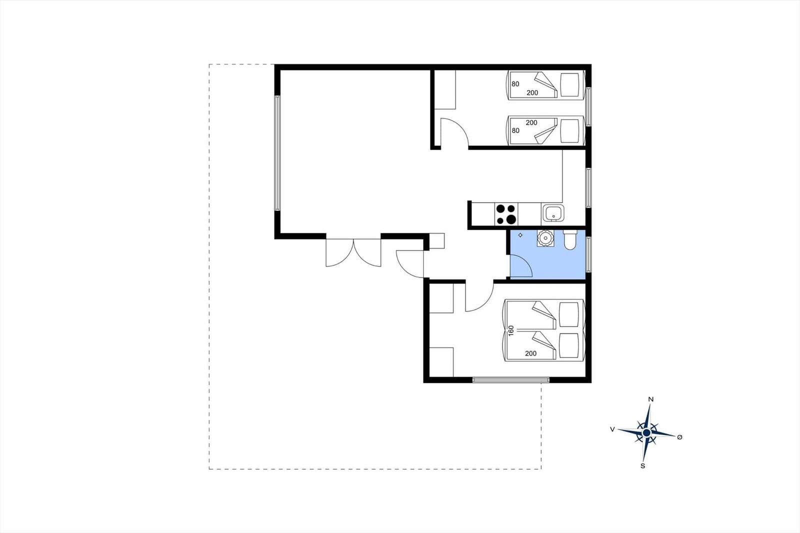 Apartment with kitchen, bathroom, and two bedrooms. Hallway with doors to all rooms.