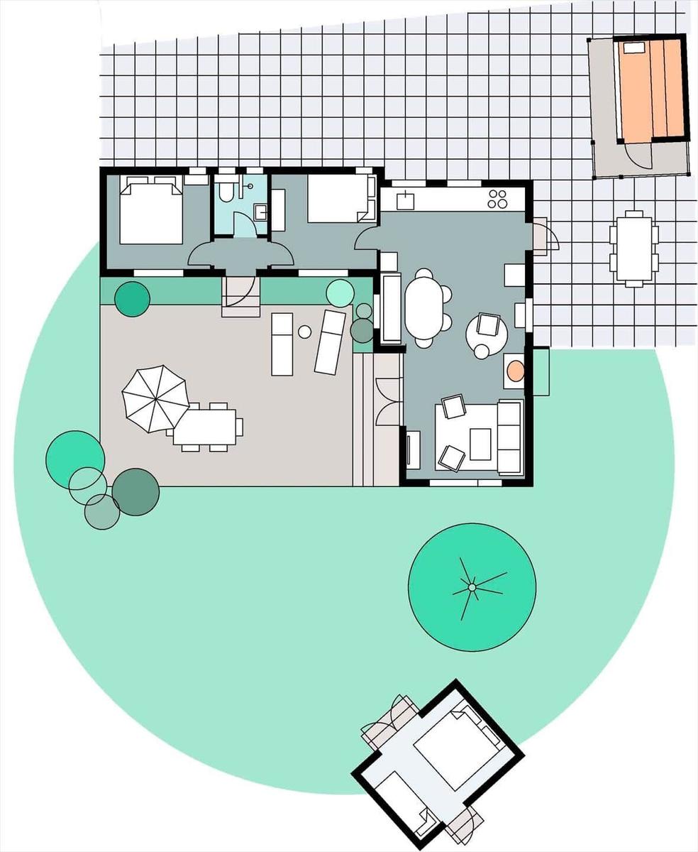 This apartment has a kitchen, a bathroom, two bedrooms, and a garden with seating areas.