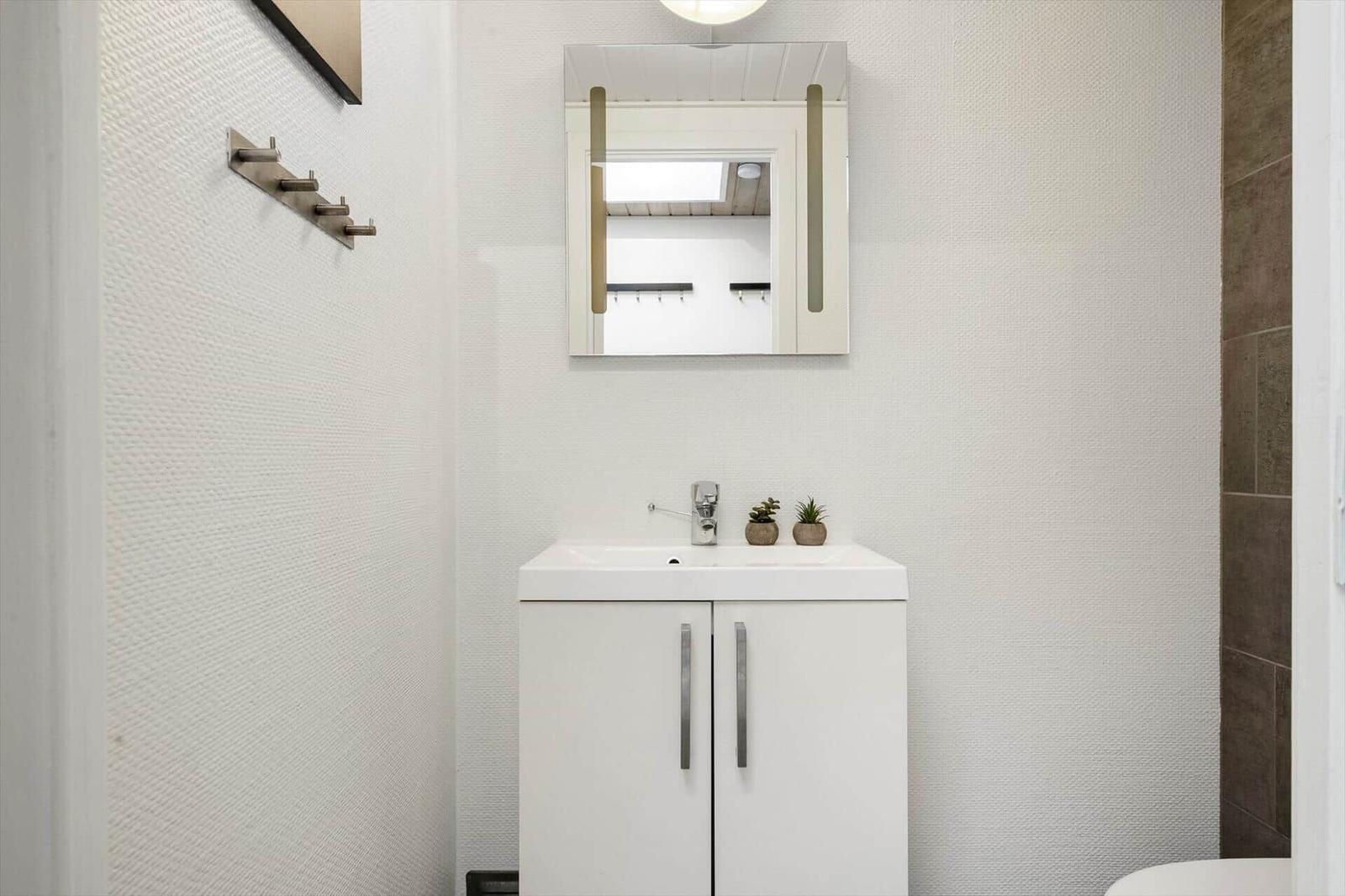 Badezimmer mit Waschbecken, Spiegel und Pflanzen