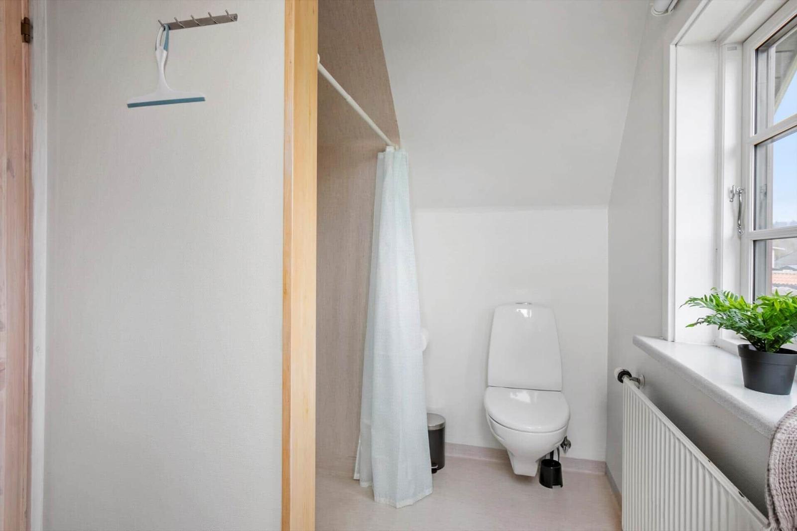 Badezimmer mit Toilette, Duschvorhang und Fenster mit Pflanze.