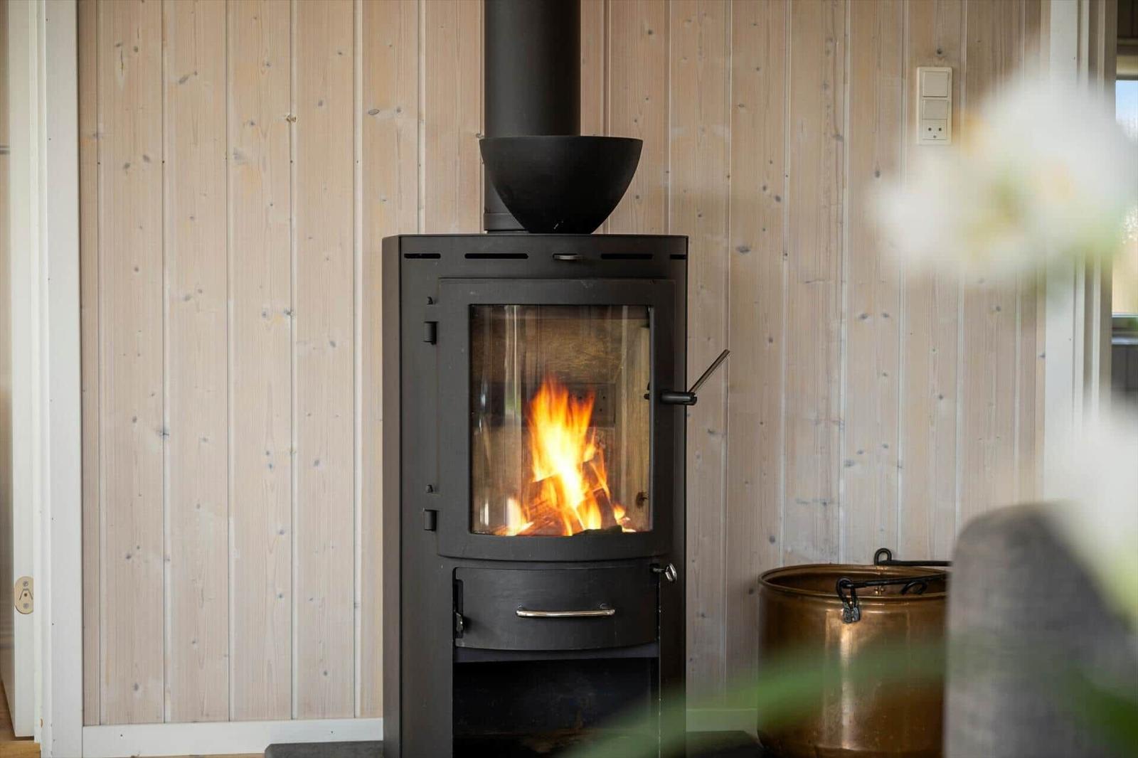 Wood-paneled wall with wood-burning stove and fire