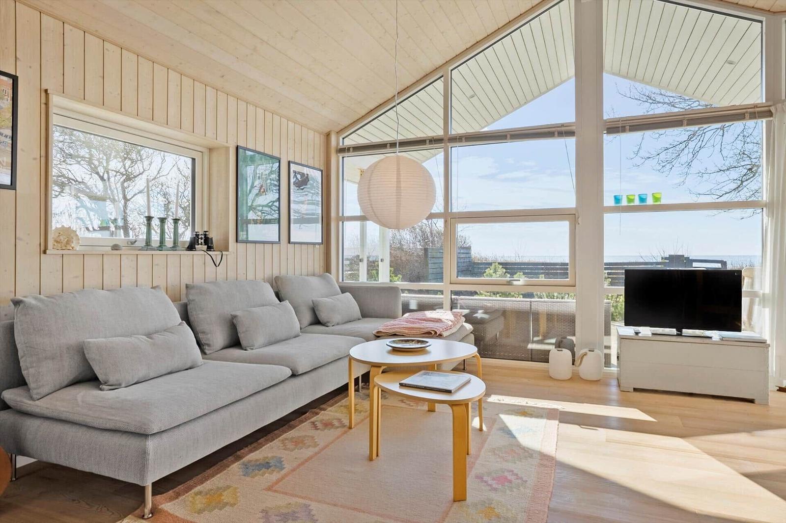 Living room with sofa, coffee table, and TV. Large windows offer a view of the lake.