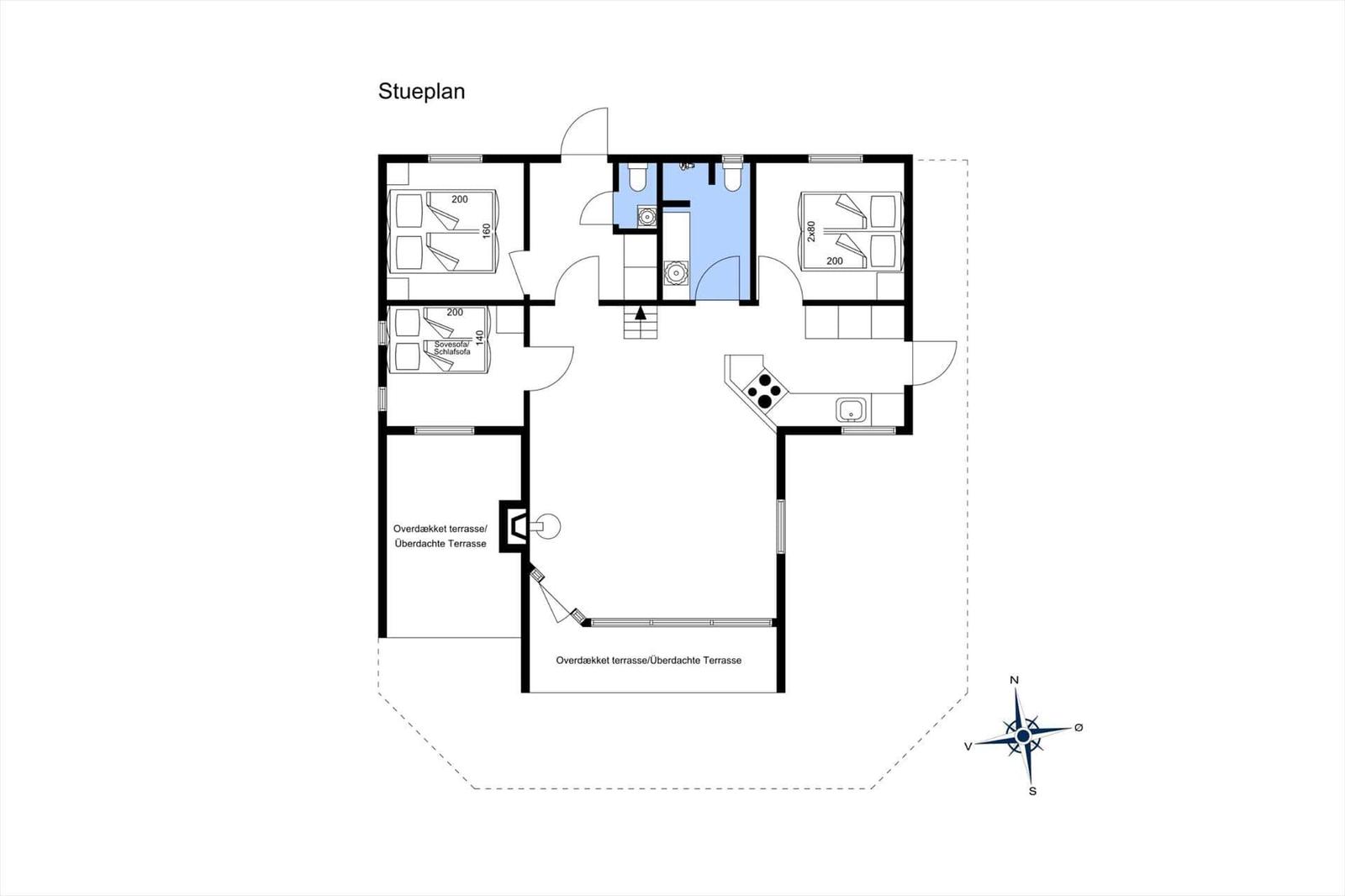 Floor plan shows three bedrooms, kitchen, bathroom, and covered terrace.