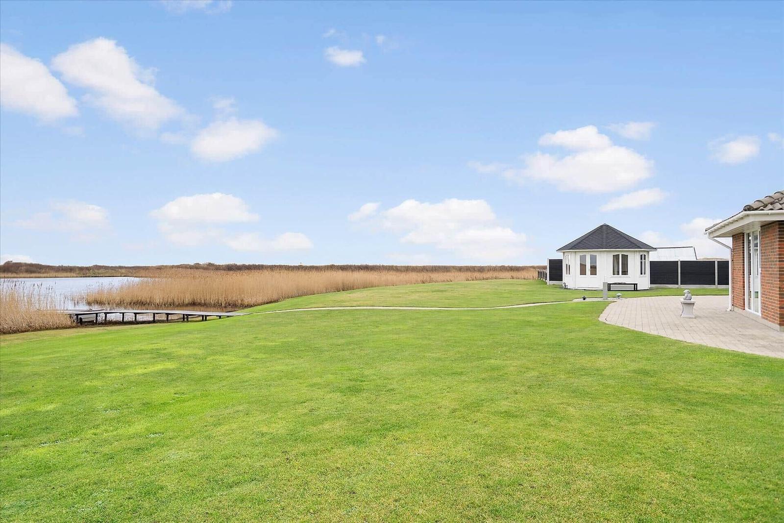 Grüner Rasenbereich mit Haus, Steg und See im Hintergrund.