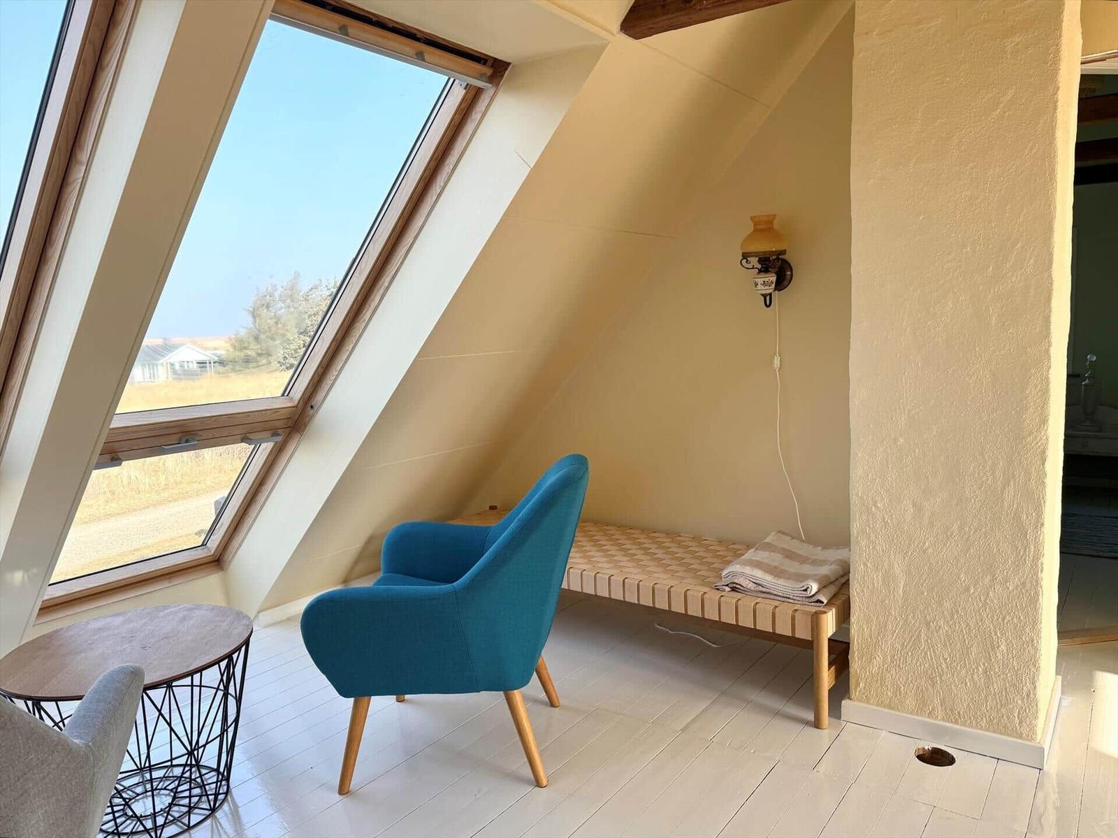 Dachgeschosszimmer mit blauem Sessel, Holzboden und großem Dachfenster.