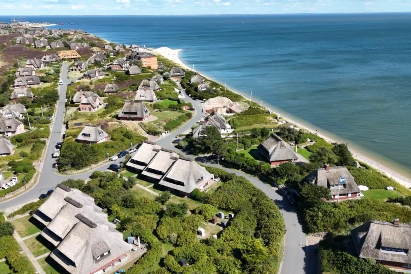 Aerial view of coastal village with thatched-roof houses and beach.