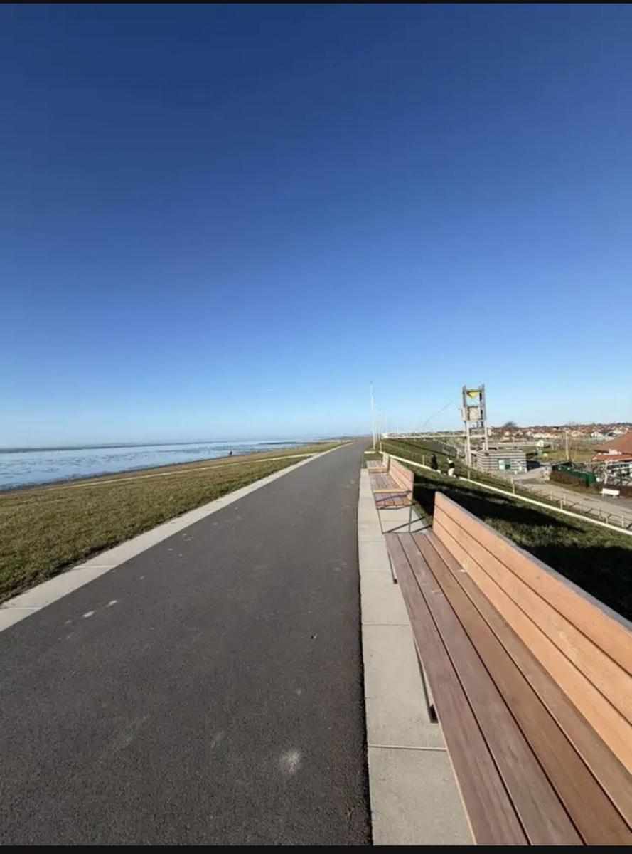 Blick auf einen asphaltierten Weg entlang des Wassers mit Holzbank und Grünfläche.