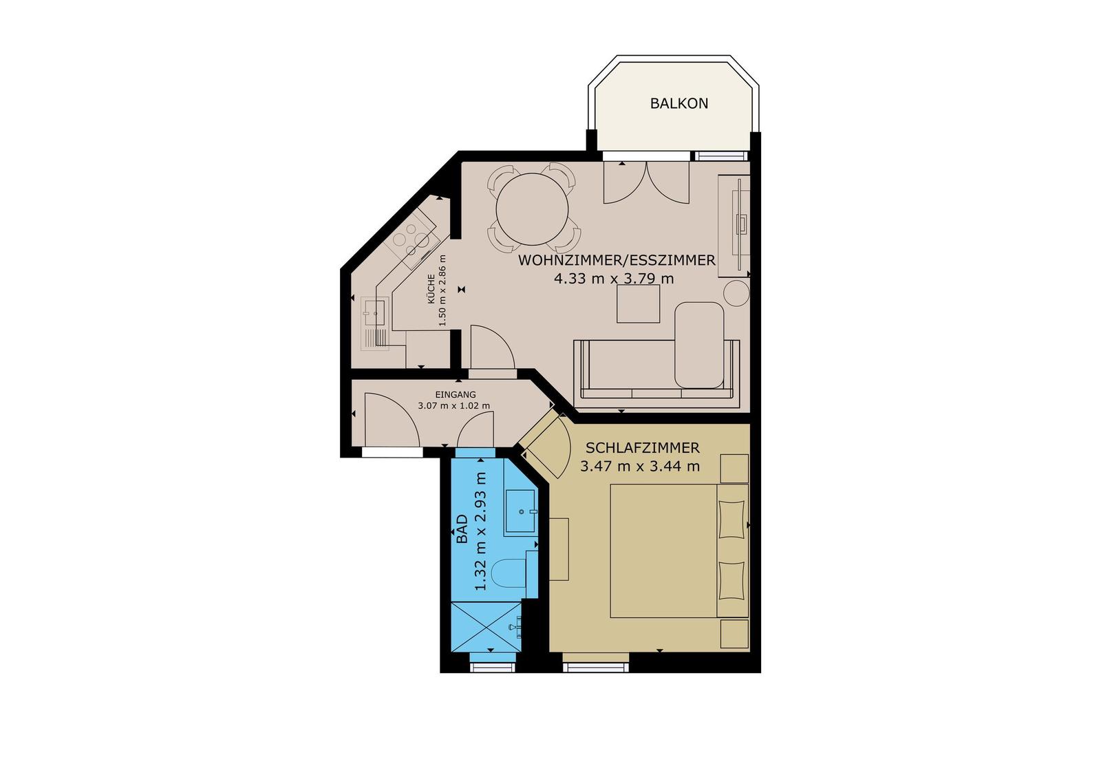 Wohnung mit Schlafzimmer, Küche, Bad und Balkon. Räume mit genauen Maßen.