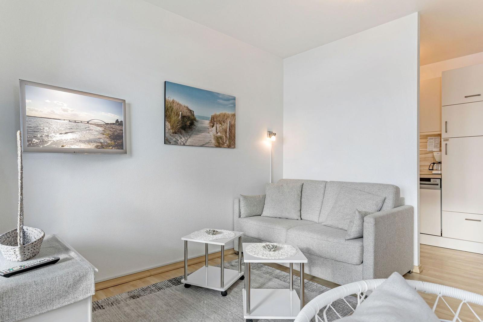 Wohnzimmer mit Sofa, Fernseher und Küchenbereich