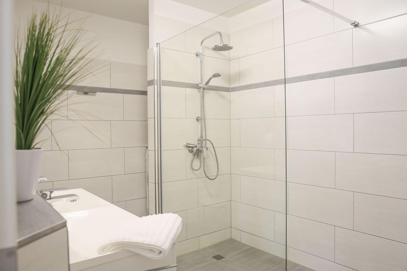 Bad mit Dusche, Waschbecken und Pflanze