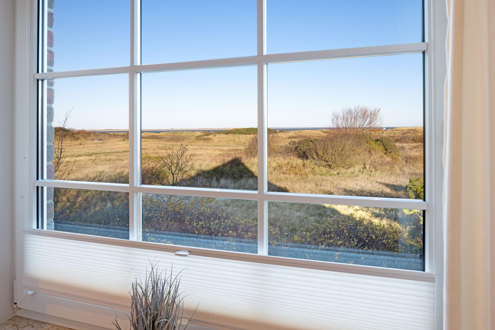 Großes Fenster mit Blick auf grasbewachsene Dünen und Horizont.