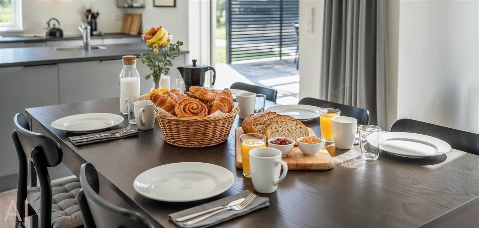 Frühstückstablett mit Brötchen, Milch, Saft und Kaffeekanne.