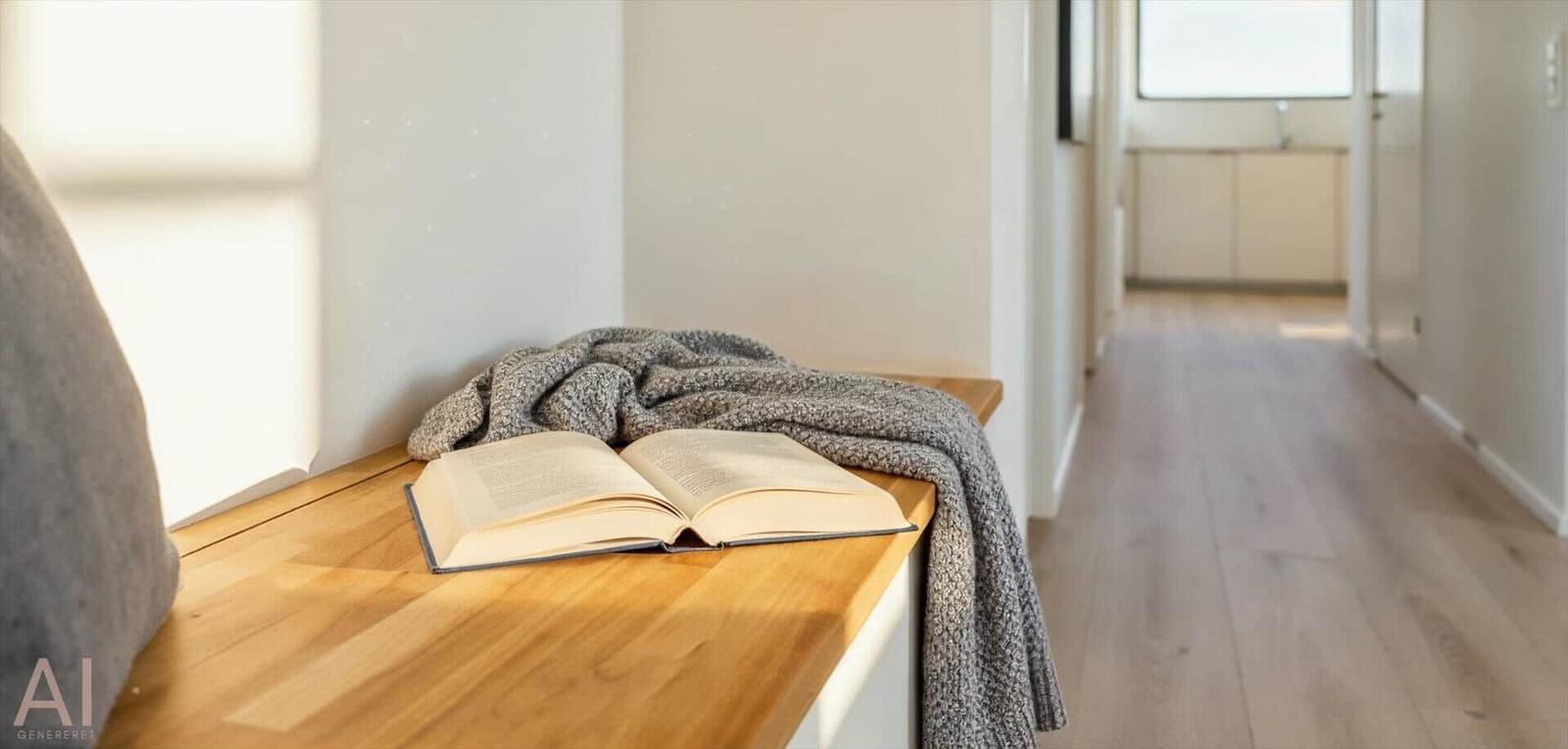 Ein offenes Buch liegt auf einer Holzbank mit einer Decke. Im Hintergrund ist ein Flur mit Holzboden.