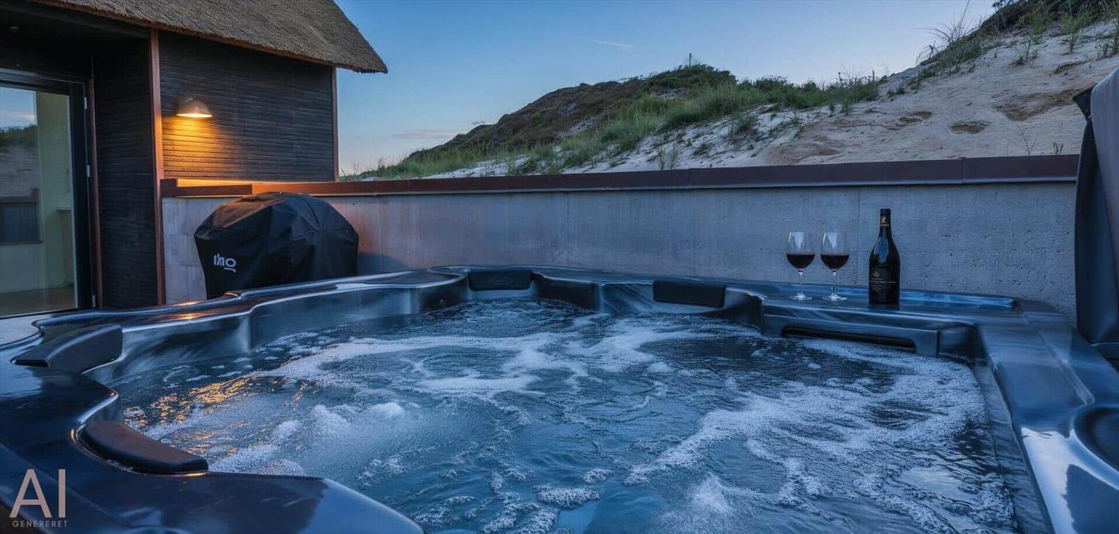 Hochwertiger Whirlpool mit Wein und Flasche auf Terrasse vor Strandhütte.