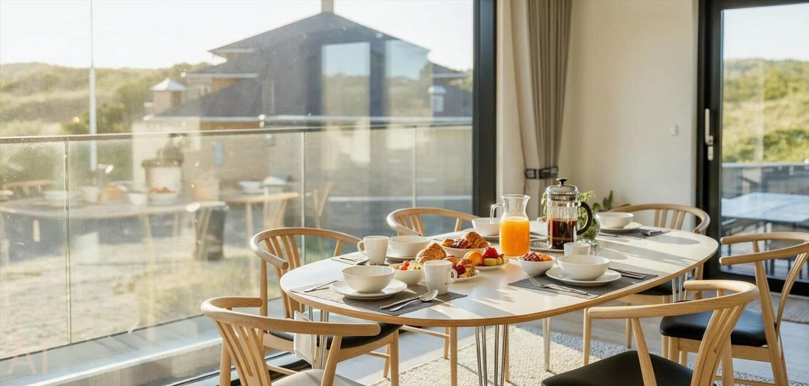 Esszimmer mit Tisch und Stühlen, Frühstücksgedecke und Blick auf Balkon.