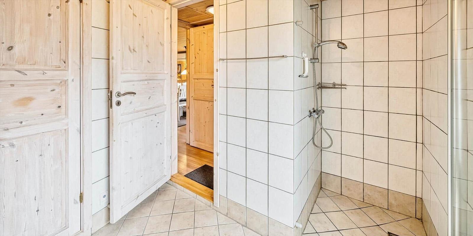 Dusche mit Duschbrause und Handbrause, Tür führt in Wohnbereich.