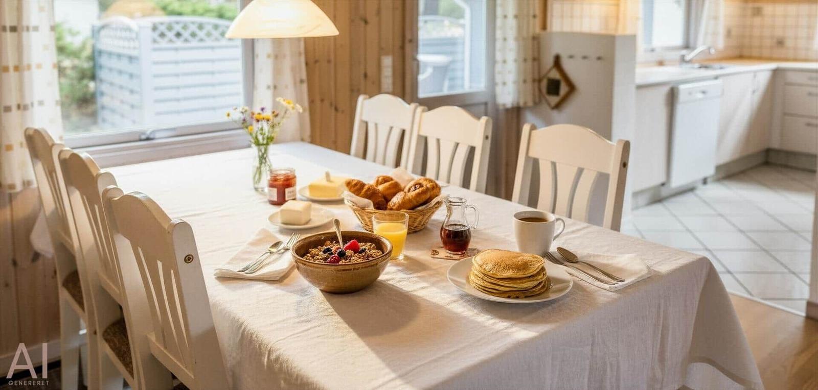 Frühstückstablett mit Pancakes, Croissants und Frühstücksgeschirr.