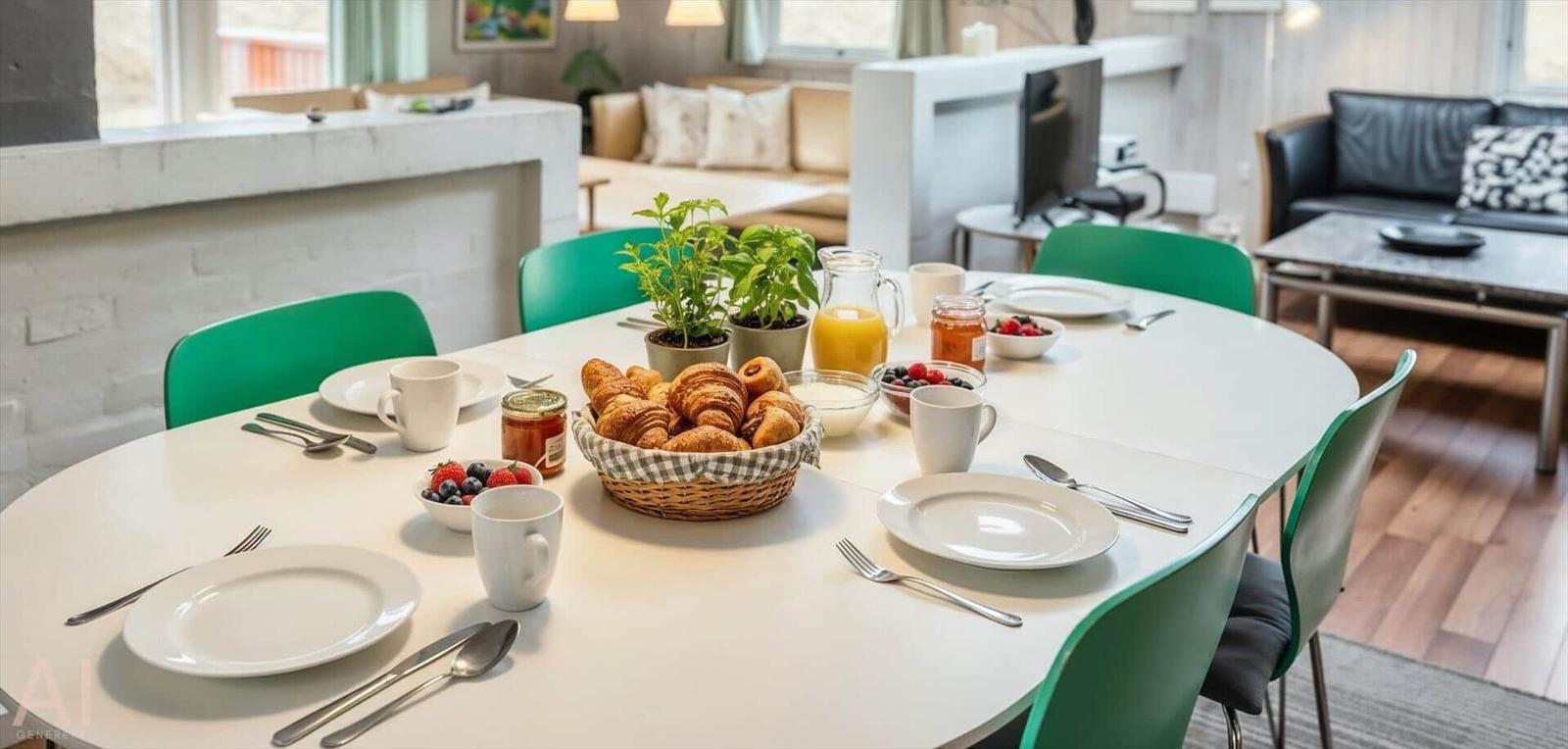 Rundtisch mit Frühstück, grüne Stühle, Wohnbereich im Hintergrund.