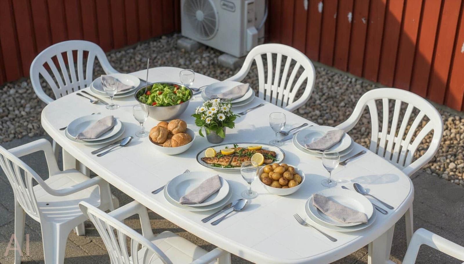 Weiße Terrassentisch mit Stühlen, gedeckt für sechs Personen mit Speisen und Getränken.