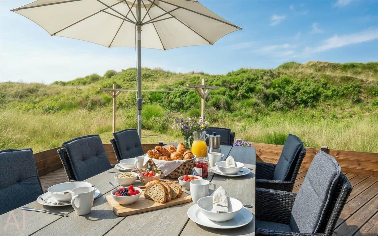 Terrasse mit Tisch, Stühlen und Sonnenschirm. Frühstückszubehör und Blick auf Grünflächen.