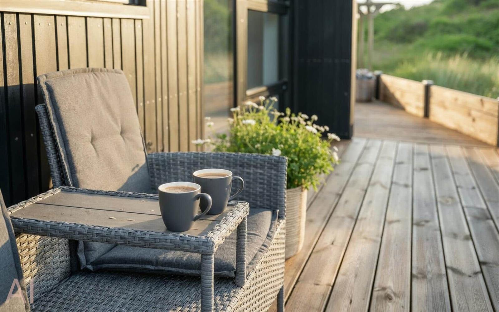 Terrasse mit Stuhl, Tisch und zwei Tassen Kaffee. Hintergrund: Grünflächen und Holzhaus.
